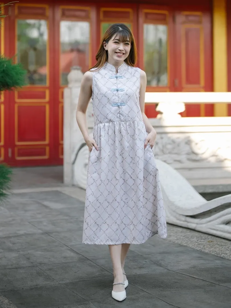 Ruka Dress Midi Wanita Sleeveless Cheongsam Motif