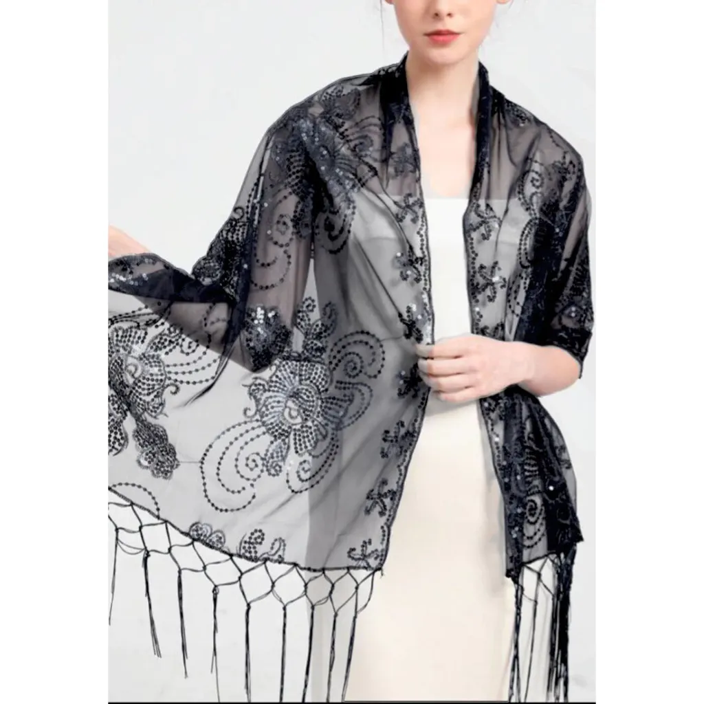 Sahana Flower Gold Sequined Evening Shawl