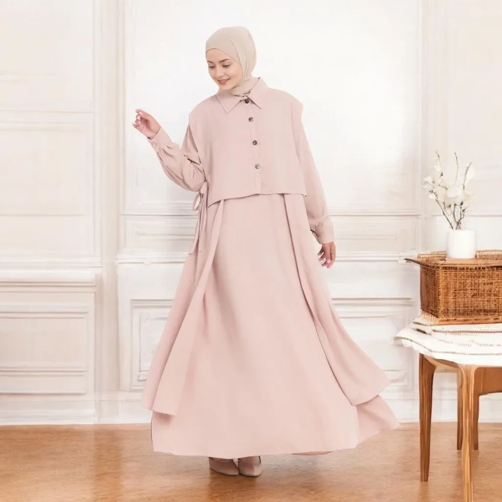 Set Baju Gamis Lebaran 2025 dengan Dress dan Rompi Vest Size S M L XL
