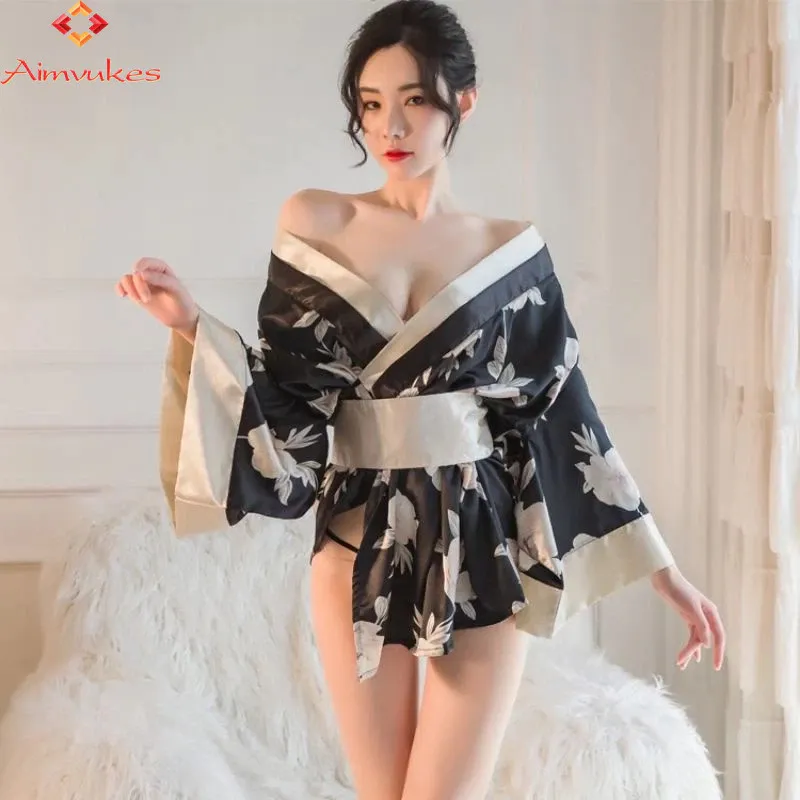 Set Pakaian Dalam Kimono Jepang Mewah dengan G String dan Ikat Pinggang