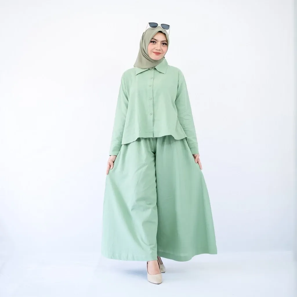 Setelan Wanita Nymeria: Kemeja Arabian Linen Jumbo dan Celana Kulot Palazzo untuk Muslimah