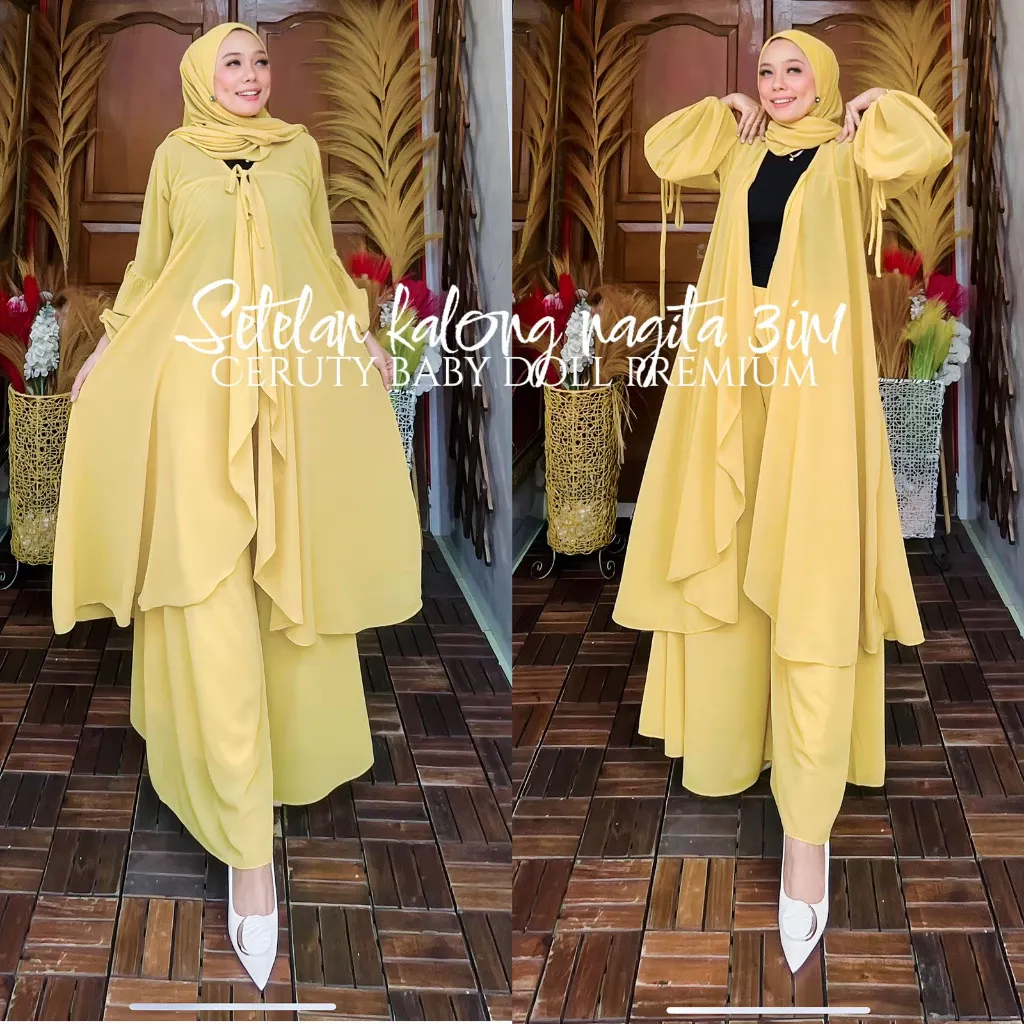 Stelan Kalong Set Jilbab NAGITA, Pakaian Muslimah Terbaru, Outer Kardigan, Celana Kulot Palazzo