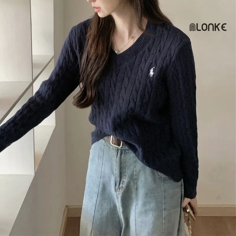 Sweater Rajut Retro Wanita V-Neck Crop Lengan Panjang Casual