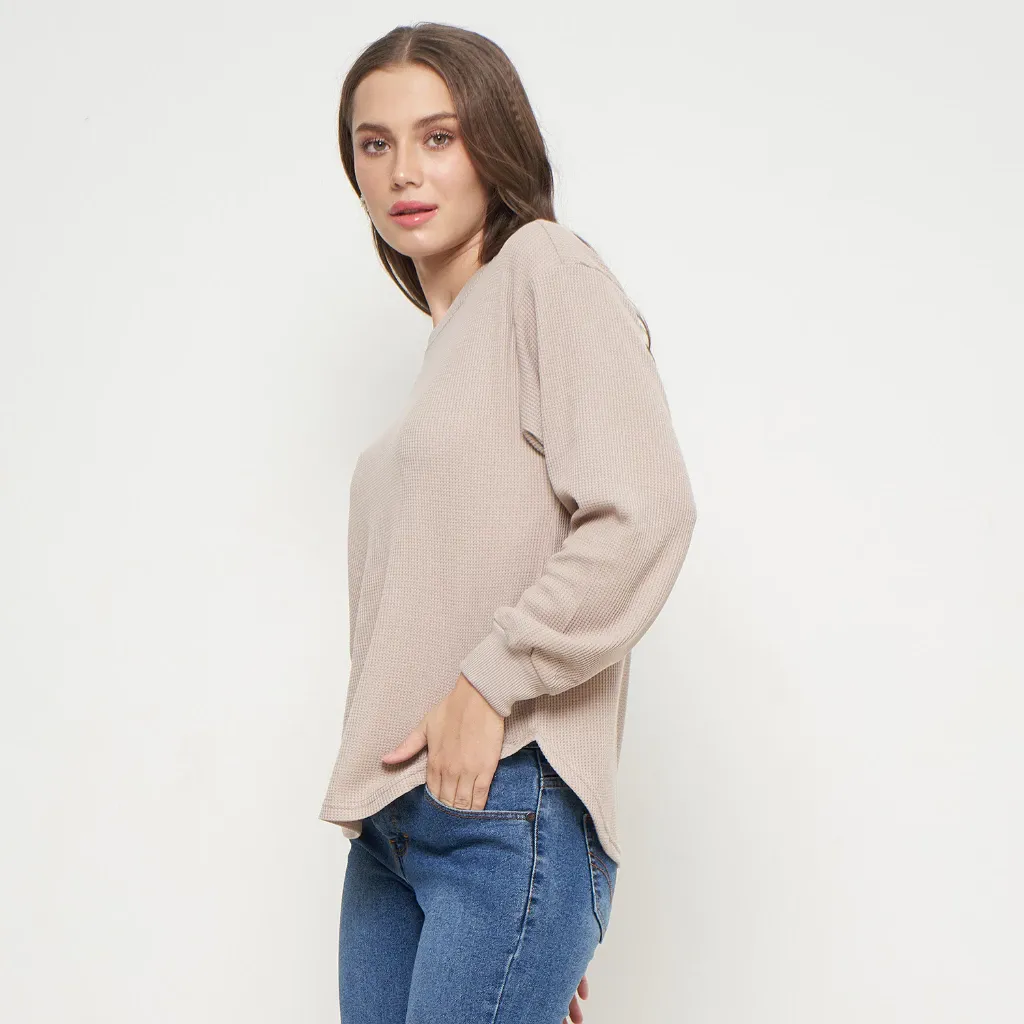 Sweater Rajut Wanita Lengan Panjang Waffle Khaky