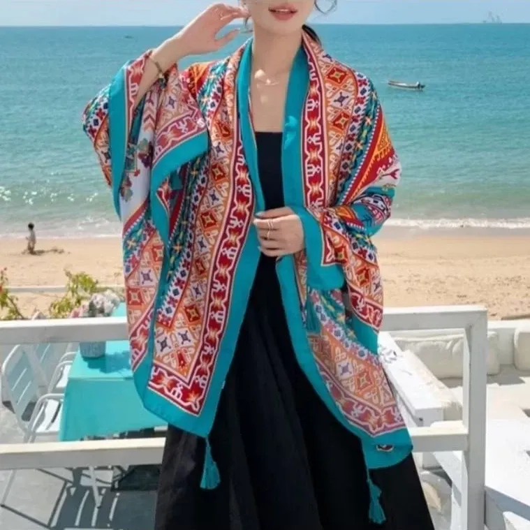 Syal Wanita Boho Mosaic dengan Poni Viscose